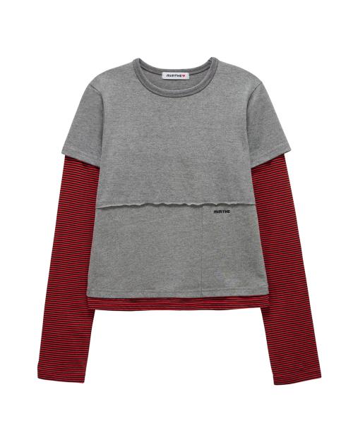 로고 크롭 레이어드 롱슬리브_그레이/레드