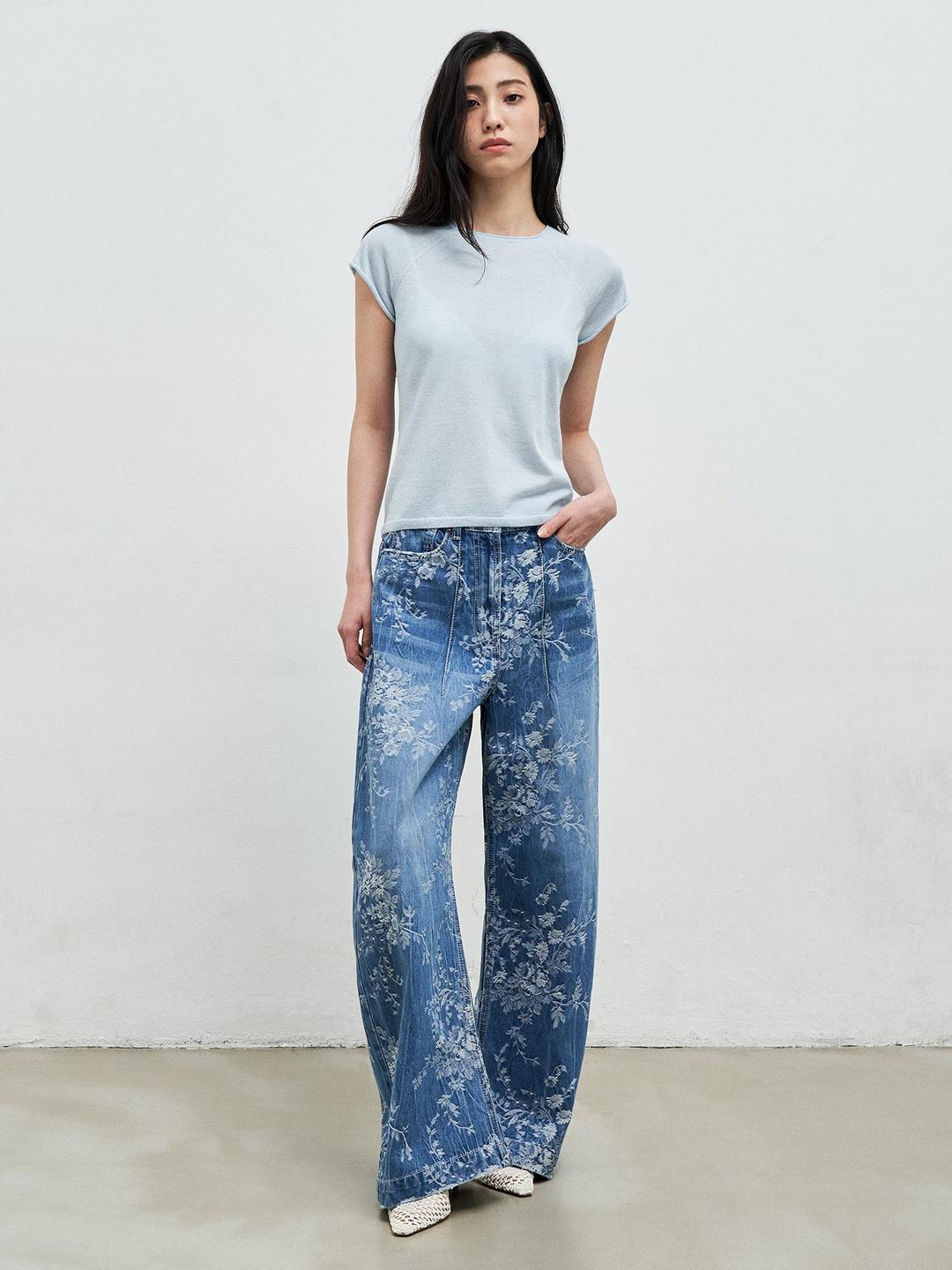 Flower Jacquard Artist Denim Pants - Blue