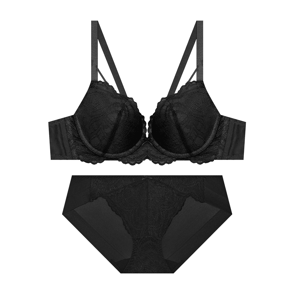 스트링 레이스 노와이어 브라 팬티 세트 - 블랙