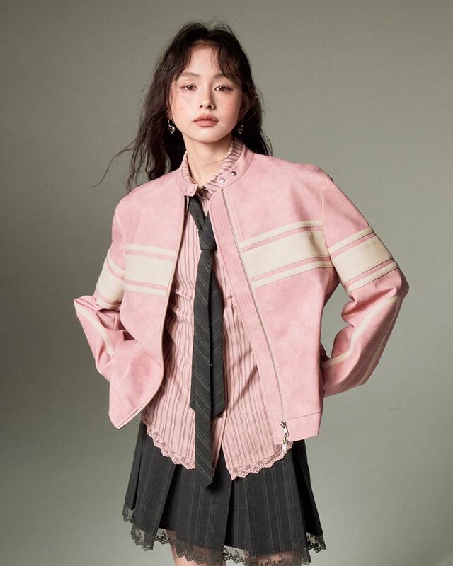 DIDDIMODA 스포츠 바이커 레더자켓 (핑크)