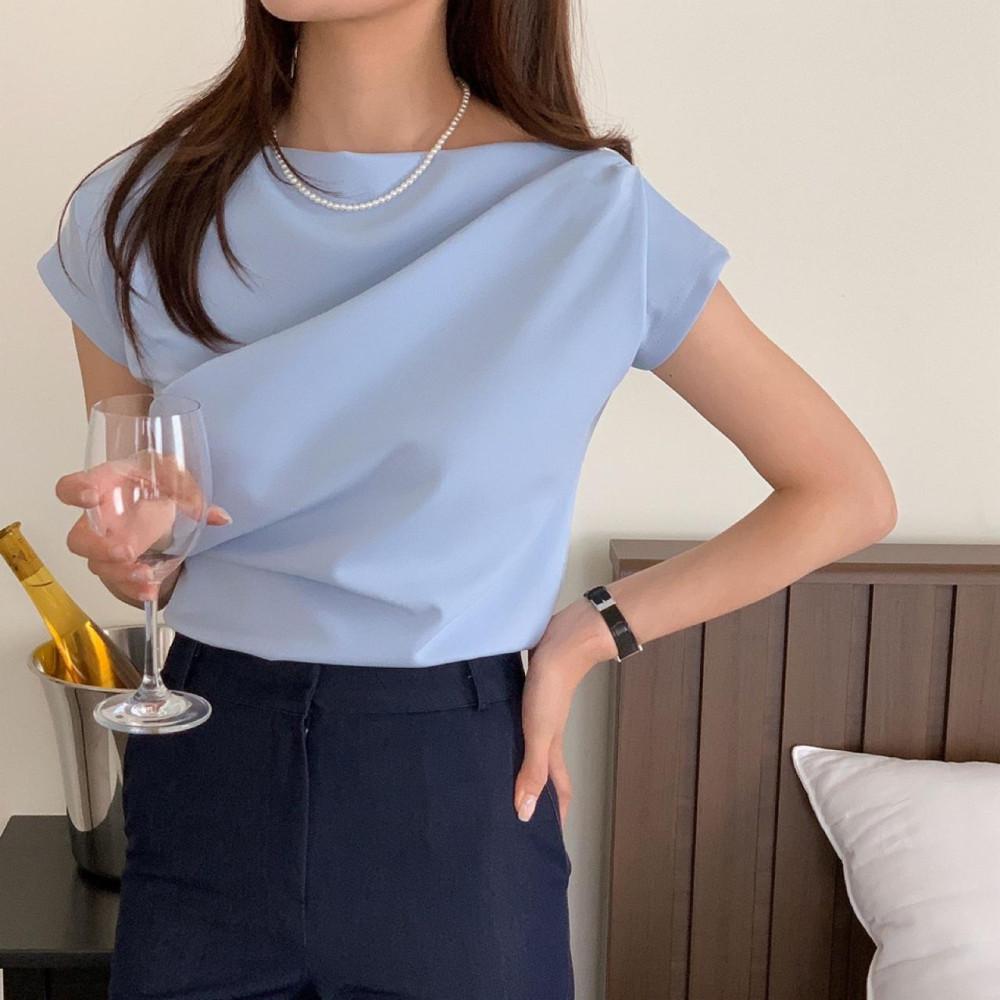 드레이프 셔링 보트넥 오프숄더 블라우스