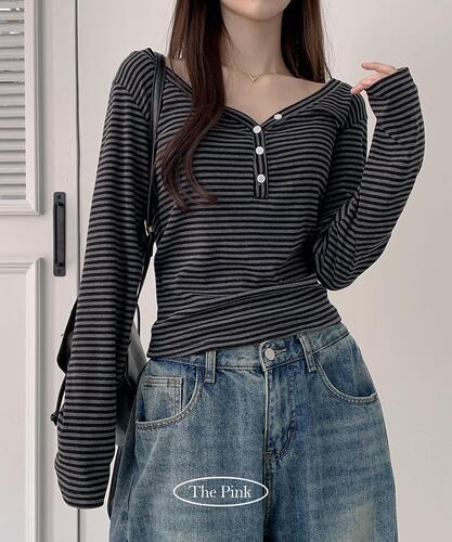 더핑크 [핀터무드!/말라핏/단가라] 뮤잉 슬림핏 브이넥 버튼 스트라이프 긴팔티 (2color)