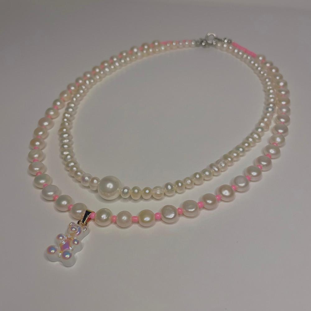 담수진주 딸기 곰돌이 핑크 목걸이 비즈 써지컬스틸 곰뽁이네 자체제작