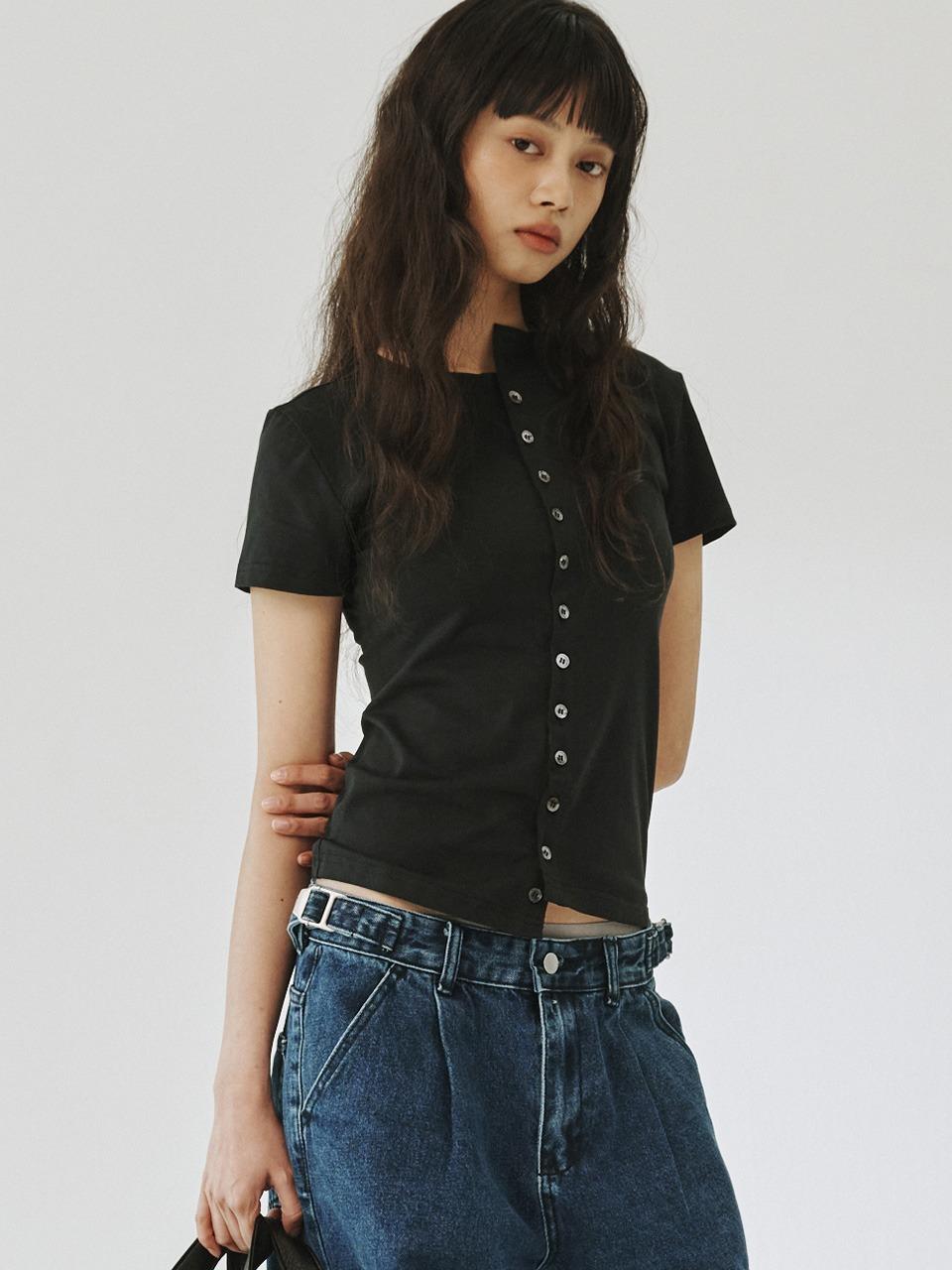 [PLZPROJECT]ROUND BUTTON SLIM SHIRT, BLACK