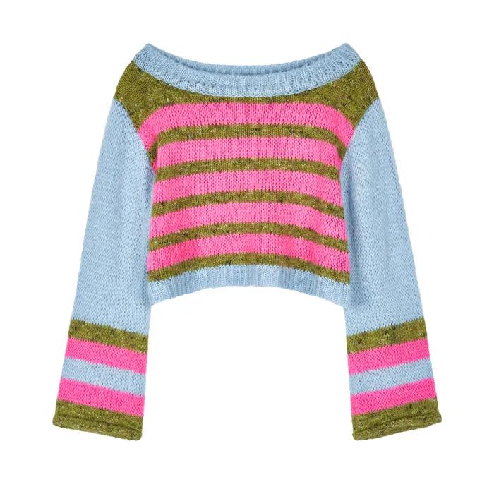 Color stripe cropped knit_pink