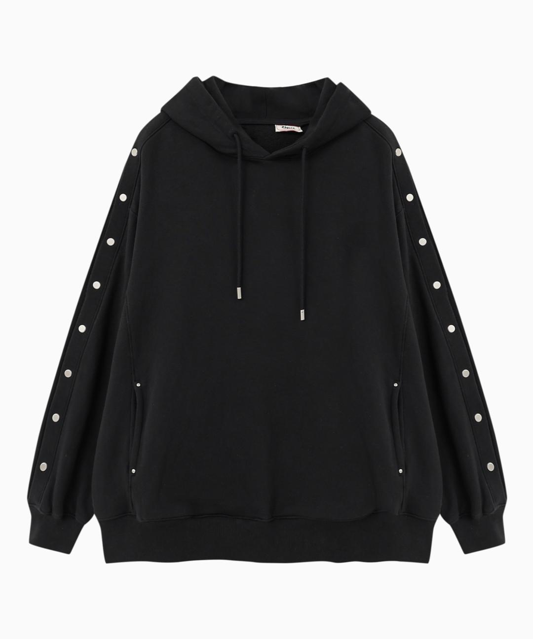 [W] STUD SIDE BUTTON HOODIE - BLACK
