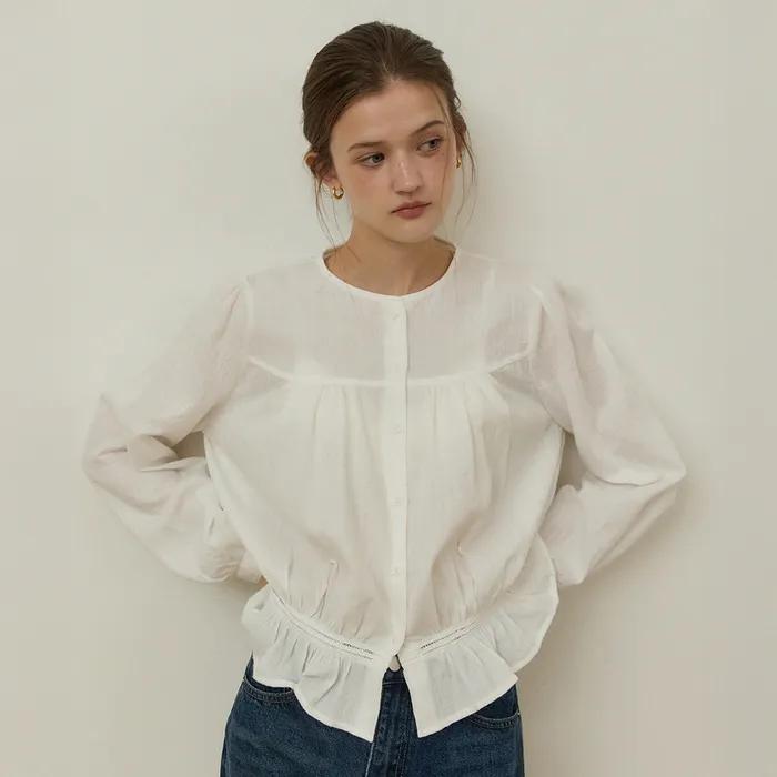 Jacquard shirring lace stripe blouse - white