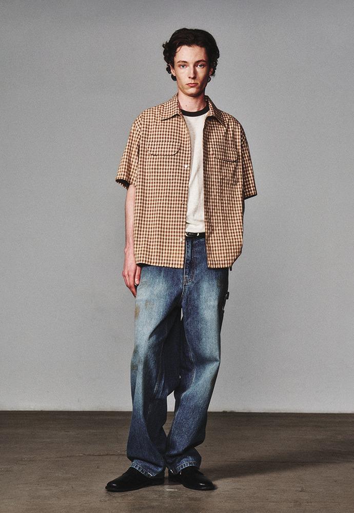 Open Collar Check Half Shirt_Tan