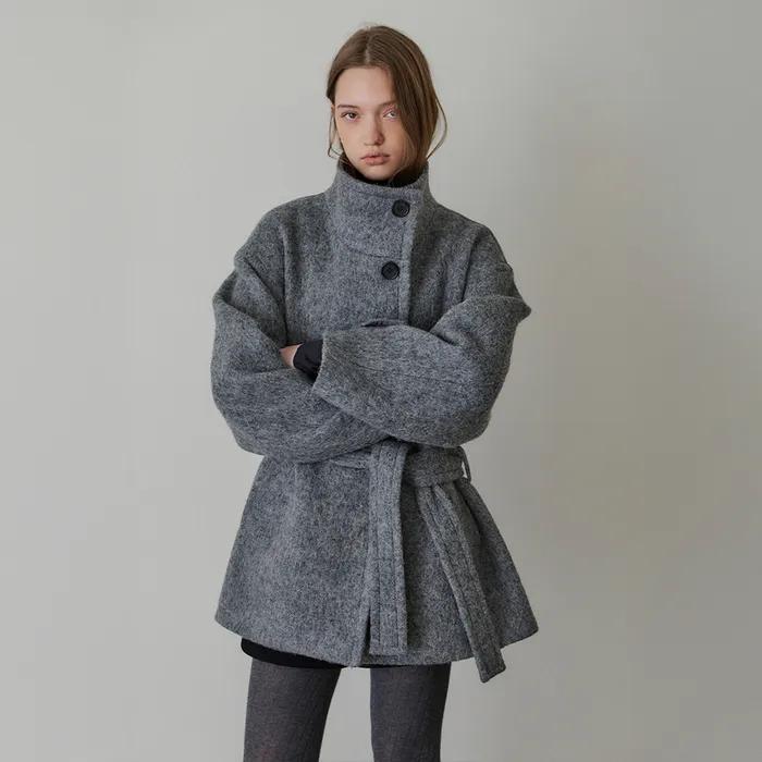 HAILEY Premium Alpaca Over-Fit High Neck Belted Half Coat_Cloud Melange Grey