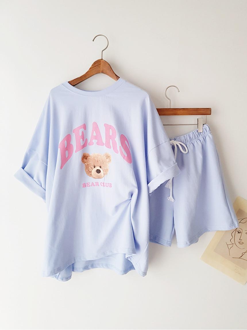리케마켓 (귀여워!BEARS-SET) 사랑스러운 곰돌이 베어 프린트 빅사이즈 박시핏 반팔 티셔츠+밴딩 반바지 여름 트레이닝복 썸머 홈웨어 잠옷 파자마 추리닝 세트