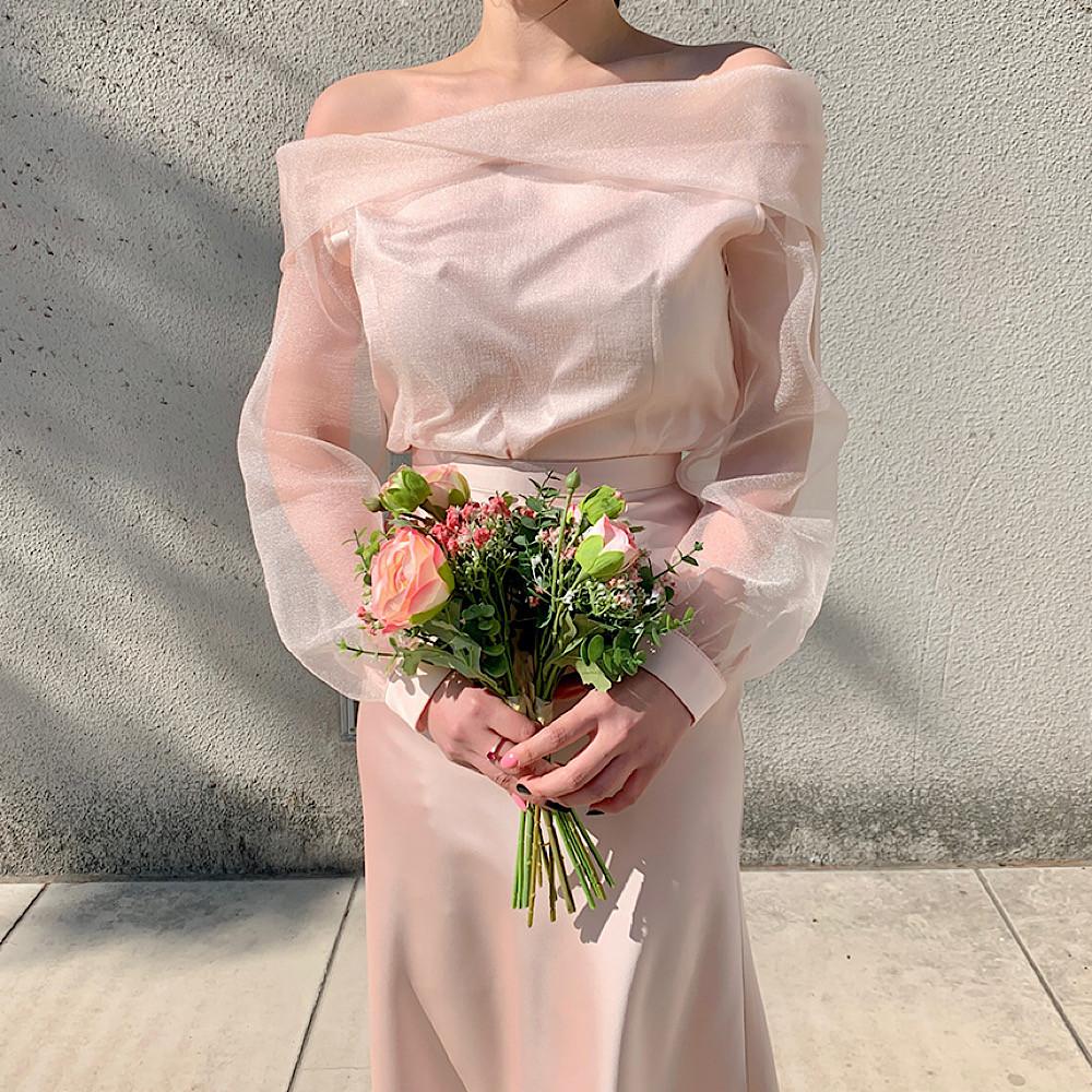 핑크 메리 투피스 셀프웨딩 오간자 블라우스 새틴 머메이드 돌잔치 피로연 2부드레스