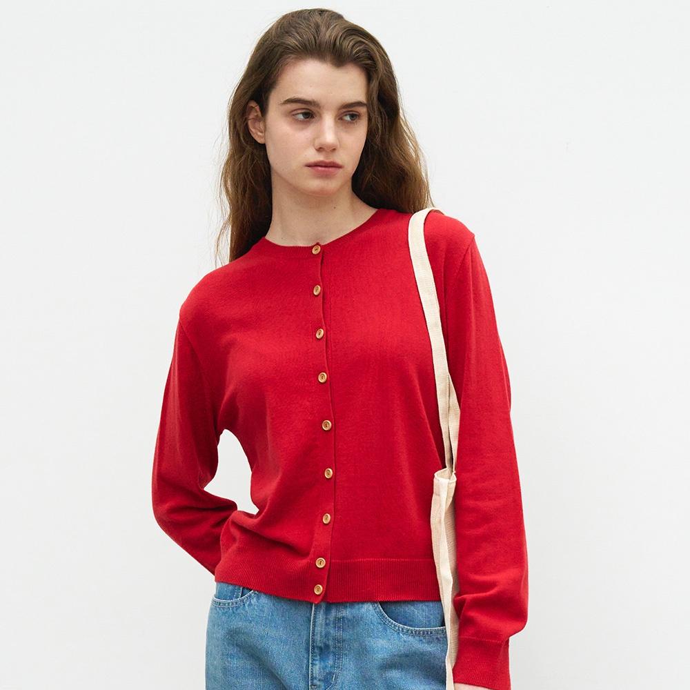 WOOD BUTTON ROUND CARDIGAN - RED