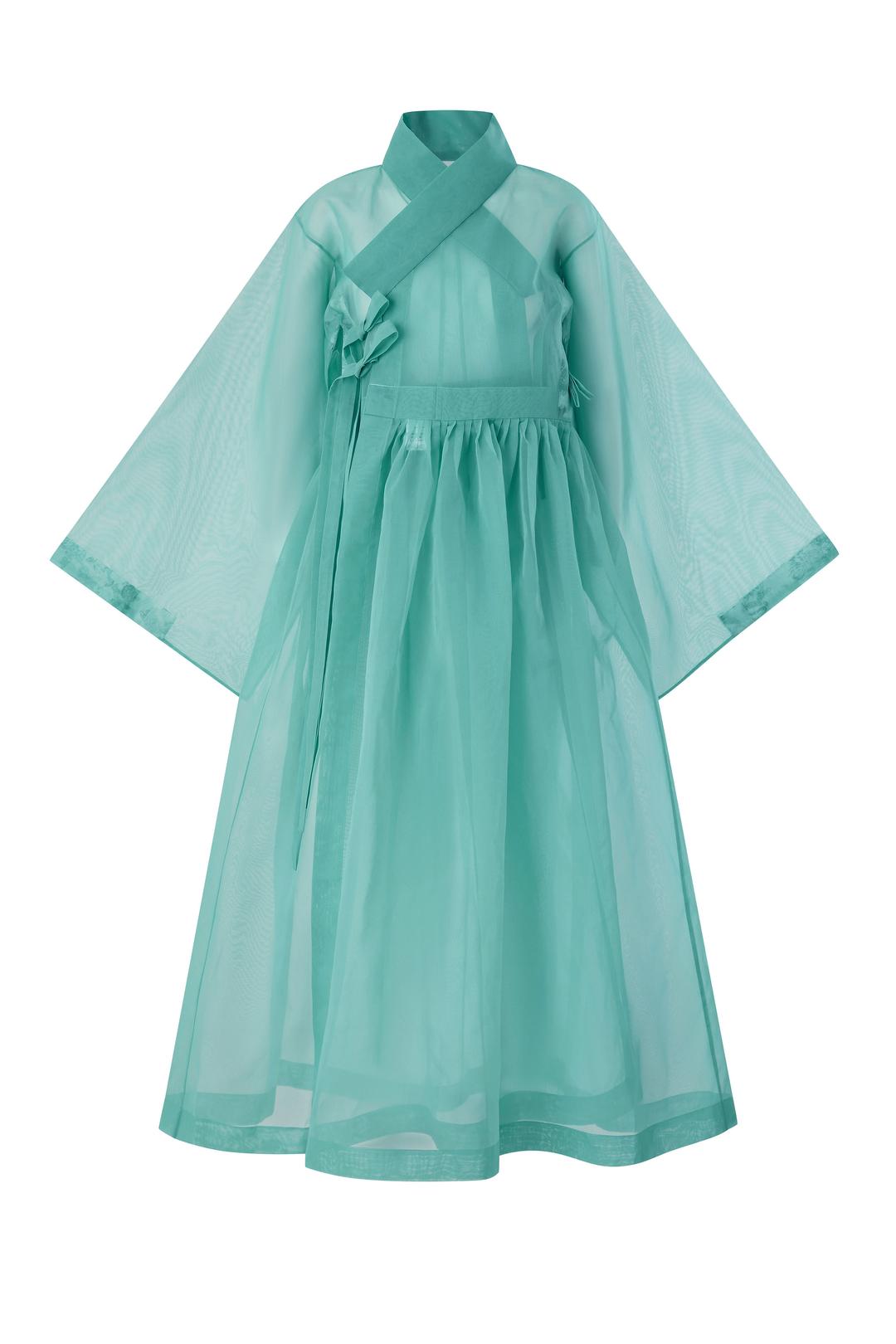 화조도 옥색 긴 철릭