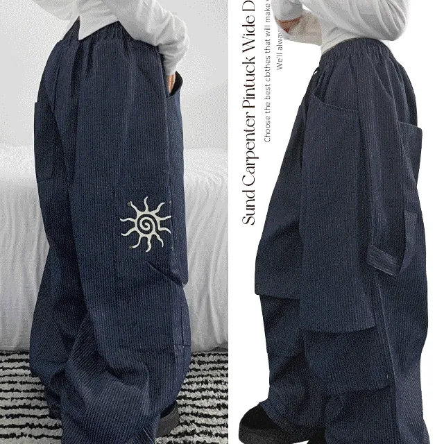 (앵콜)특가🖤[극강퀄리티!/해비벌룬핏 리벳 카펜더 무릎핀턱 썬나염 밴딩 와이드데님팬츠] 썬드카펜더핀턱와이드데님