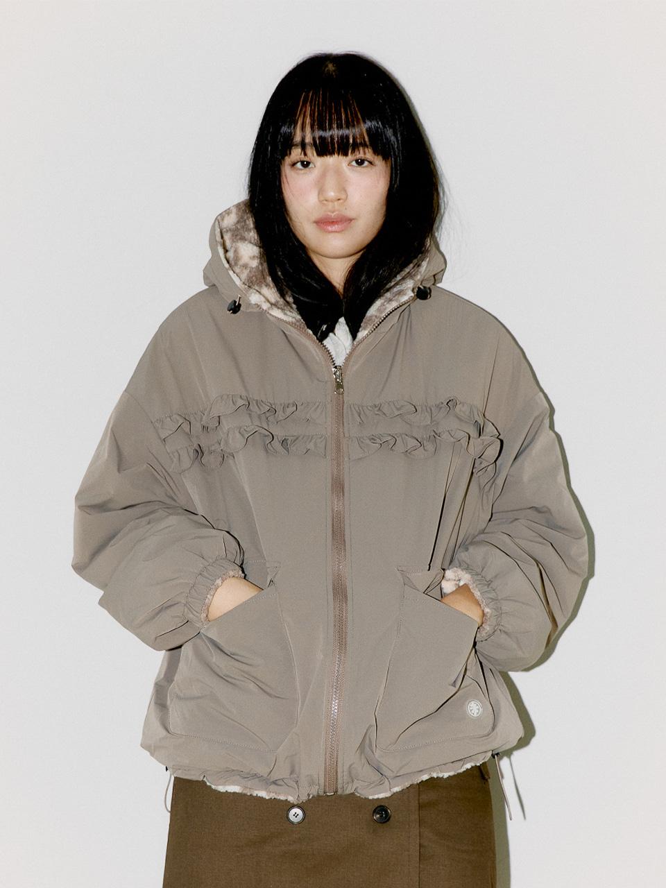 REVERSIBLE FRILL HOODED JACKET, BEIGE/CHECK