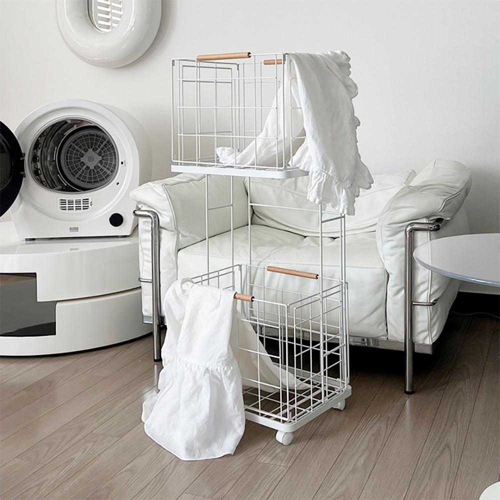 미스터데코 2단 빨래바구니 모던 철제 와이어 이동식 폴딩 햄퍼