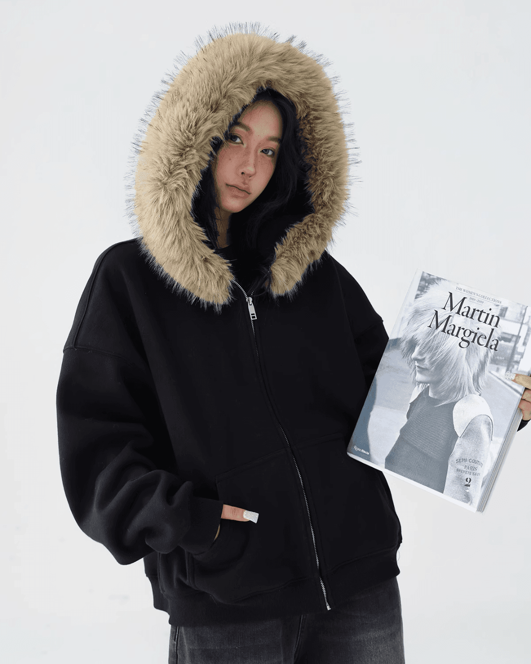 Fur Hood Zip Jacket ACS0191 - black / M