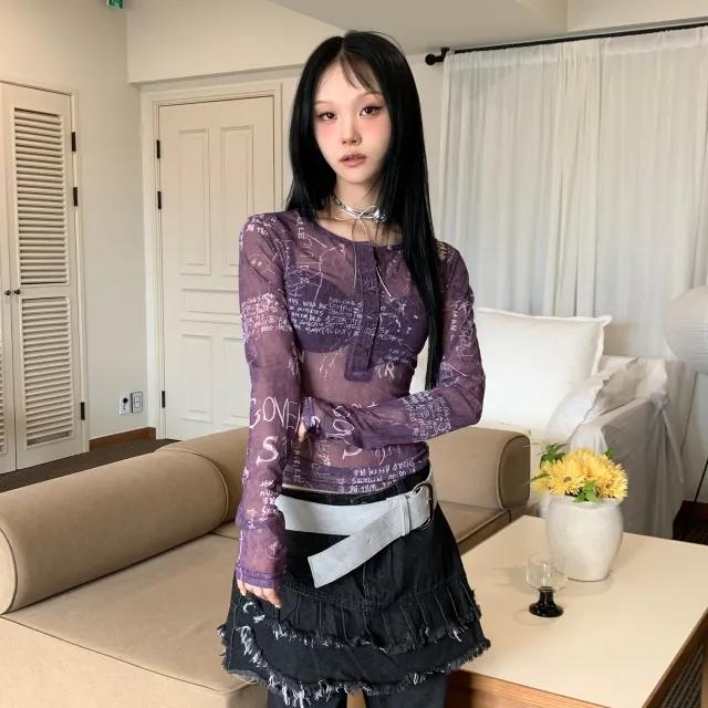 🎀[unique] 시스루 드로잉 버튼 티셔츠