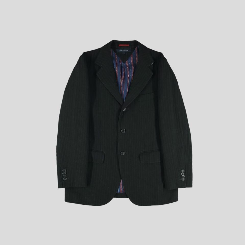 타미힐피거 JP 블랙 딤그레이 스트라이프 쓰리버튼 울블렌드 싱글 블레이저 자켓 MADE IN JAPAN M