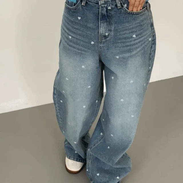 큐트) 하트데님팬츠 중청/s,M [데님팬츠/하트팬츠/포인트/데일리/중청/코디추천/대학생/Y2K/와이드/스트레이트]