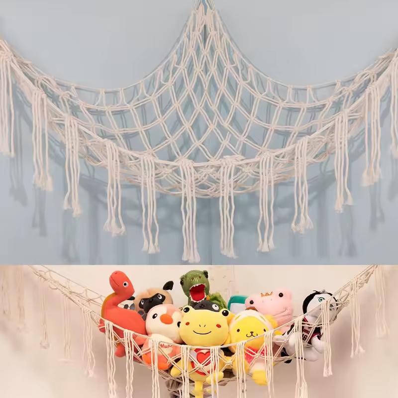 수제 짠 코튼 로프 코너 스토리지 삼각형 장난감 그물 가방 침실 코너 스토리지 그물 장난감 인형 해먹