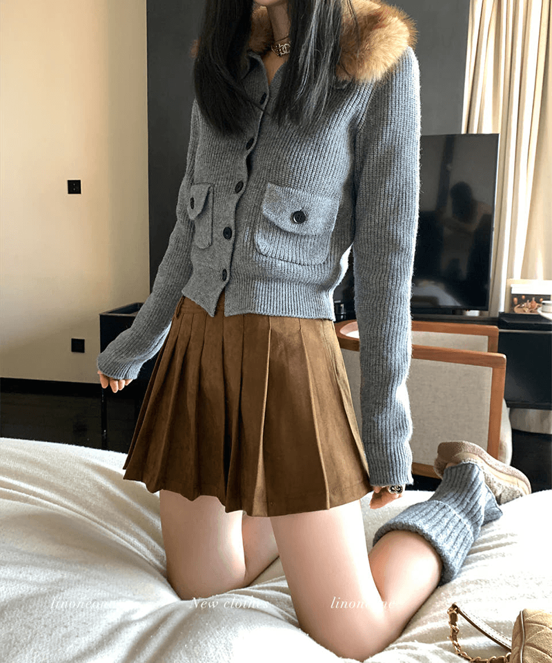 브라운 스웨이드 플리츠 미니스커트