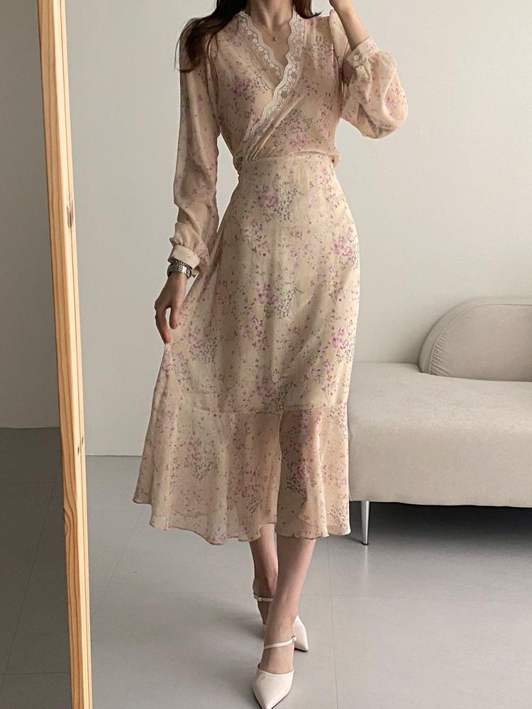 브이넥 레이스랩 플라워 쉬폰 롱 봄 하객 바캉스 휴양지 원피스
