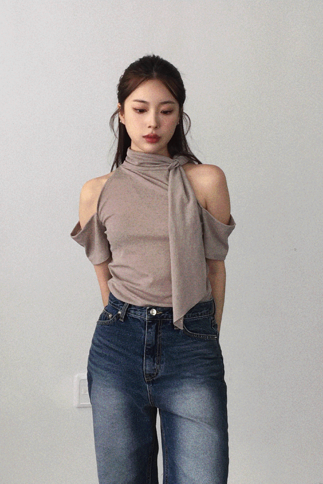 [MD추천/린넨] 나키 오프숄더 홀터넥 반팔티 - 3color