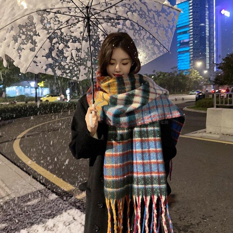 2022 년 신제품 여성용 빈티지 컬러풀 격자 무늬 캐시미어 술 스카프 숄 캐시미어 두꺼운 랩 술 따뜻한 스카프, 색상 화이트/레드/블루/옐로우