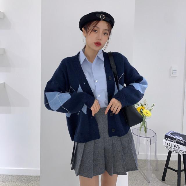 [하이틴] 아가일 브이넥 스쿨 가디건
