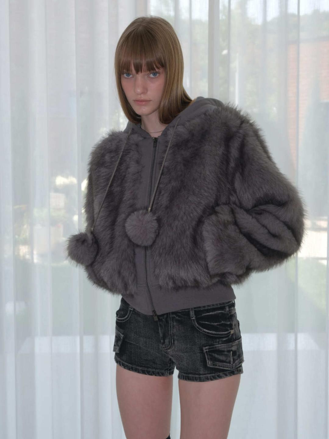 MIXED FUR HOODED JUMPER [CHARCOAL]