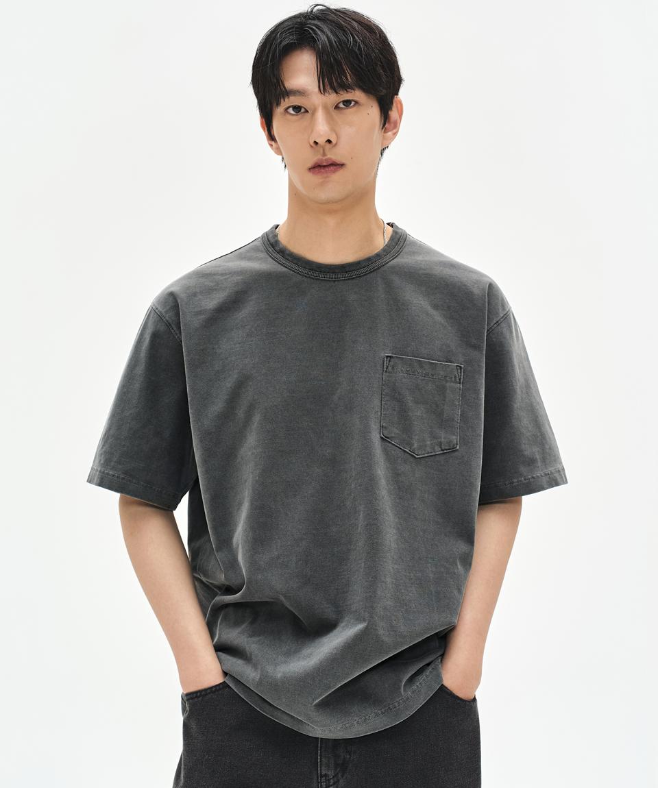 460G 더블넥 피그먼트 포켓 티셔츠-차콜-