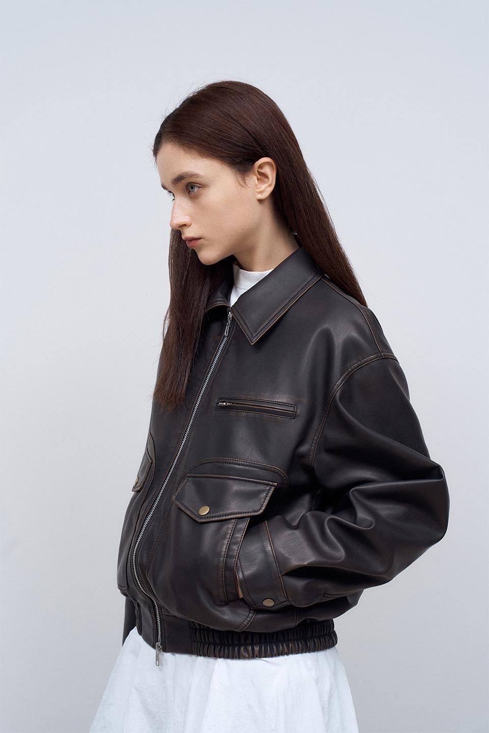 Vegan Leather Vintage Bomber Jacket in Brown