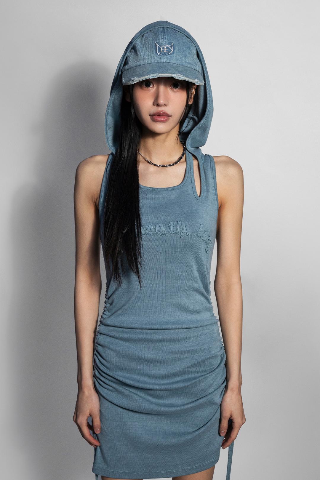 VINTAGE LOGO SHIRRED DRESS BLUE