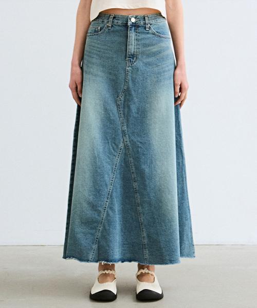 LINE FLARE LONG DENIM SKIRT_BLUE