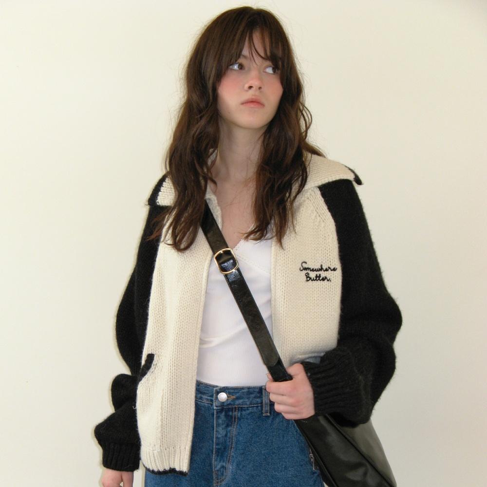 letter alpaca knit zip up - black