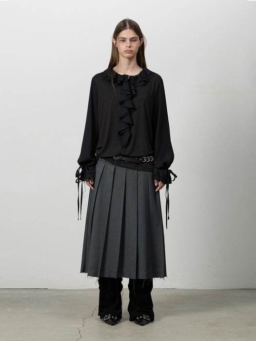 CUT HEM BELT PLEATS SKIRT CHARCOAL