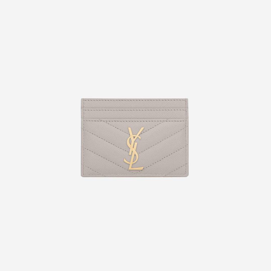 Saint Laurent Gold Monogram Card Case in Grain De Poudre Embossed Leather Blanc Vintage