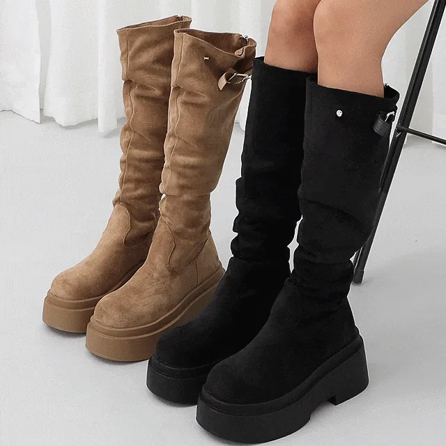 ⚡주문폭주⚡[셔링/길이조절🤎] 스웨이드라운드업토 플랫폼 청키 통굽 니하이 롱부츠 미들부츠 가을 겨울 봄 L-12079