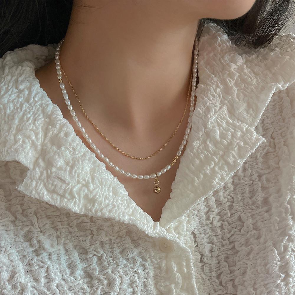 [베티유]14k골드필드 포지 담수진주 목걸이,3mm 밥풀 쌀알 금볼 펜던트 토글바 목걸이