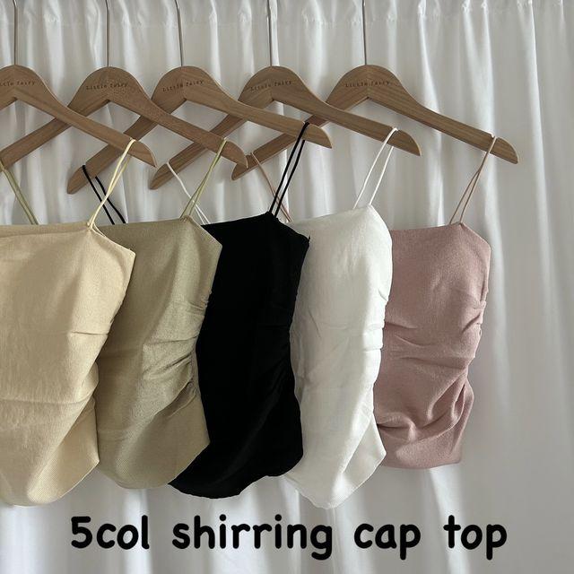 [양셔링군살커버!/캡내장]말랑여리 나시 끈 민소매 크롭 셔링 라운딩 스판 크롭탑 골지 브라탑 캡 티셔츠 (5col)_리틀페어리