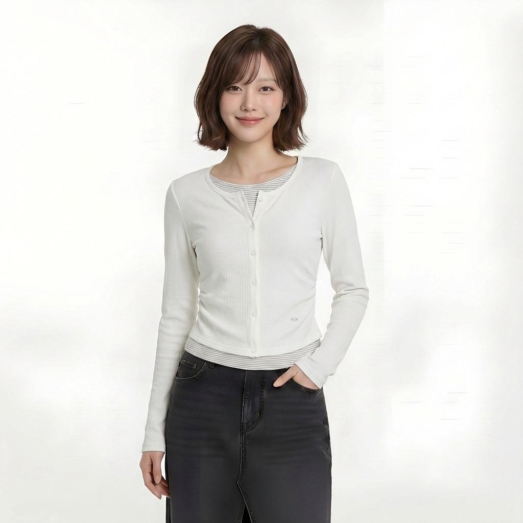 행텐 여성 웨일 가디건 레이어드 긴팔 티셔츠_화이트