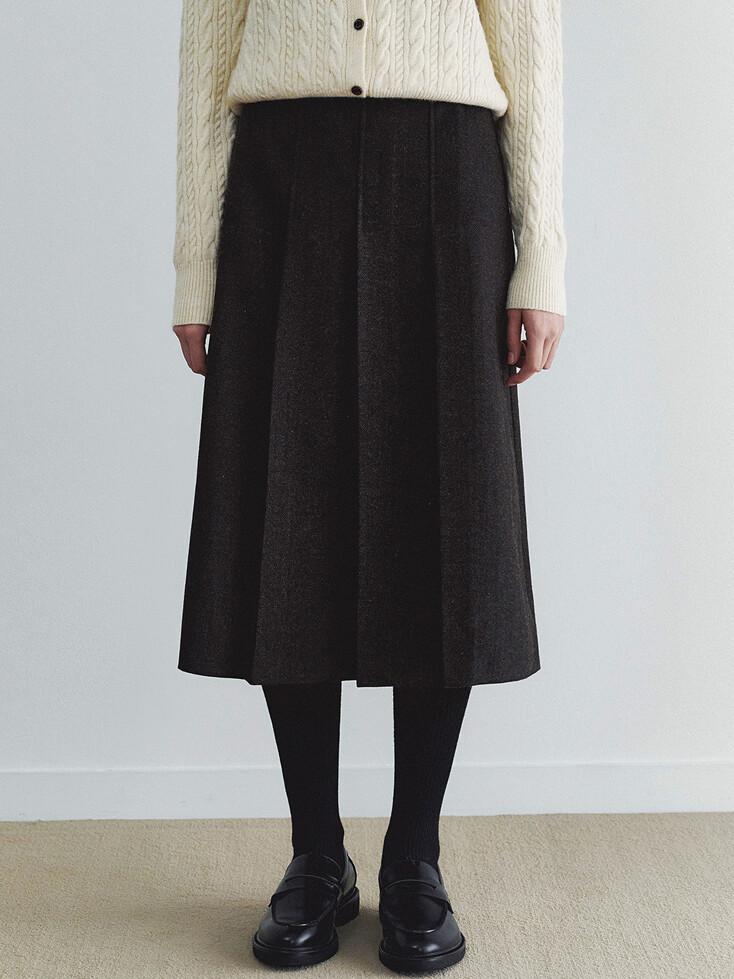 헤링본 울 플리츠 미디 스커트 - 브라운