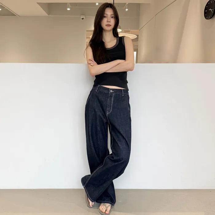 [기장선택]논페이드 턱 와이드 데님 팬츠_INDIGO