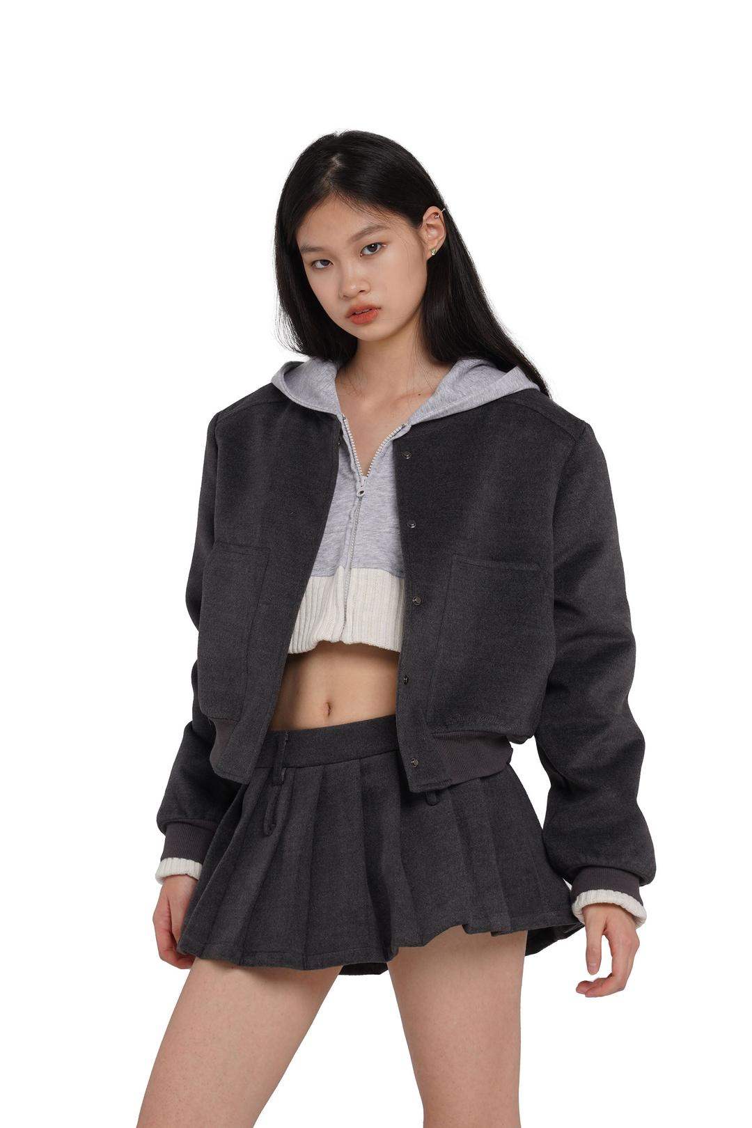 MIDWEIGHT CROPPED BASEBALL JACKET & PLEATED MINI SKIRT - XS / Jacket