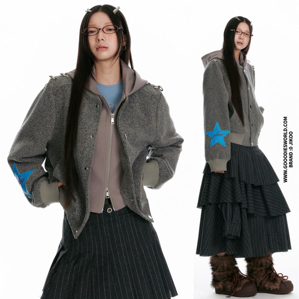 JIKOO 후디 자켓 후드 페이크 투피스 캐주얼 아우터 Y2K 코디