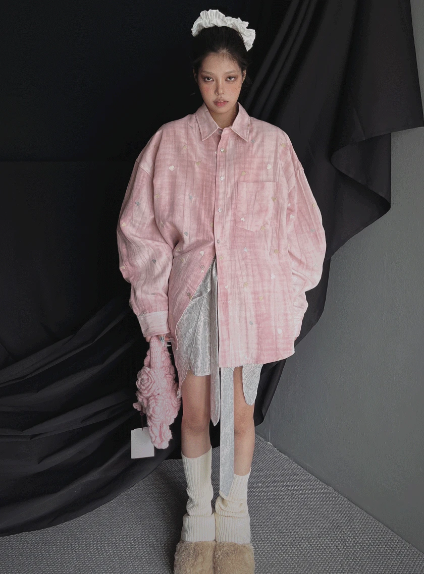 하트x하트 자수 오버핏 린넨 셔츠