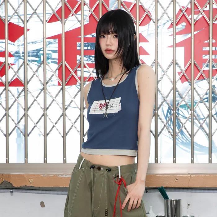 WXT044 러브레터 레이어드 슬리브리스 (NAVY)