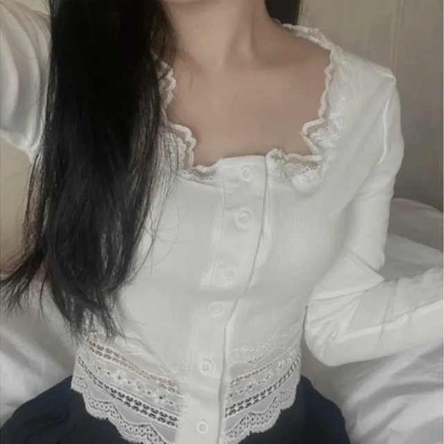 [2colorෆ] made lace crop top - 메이드 레이스 골지 크롭 가디건 탑