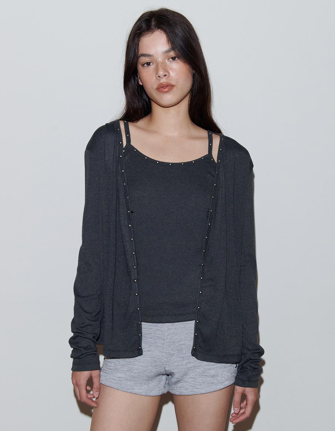 STUDDED CARDIGAN SET, CHARCOAL